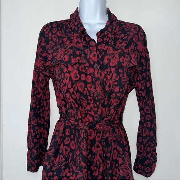 WHISTLES Women’s Red Multi Jungle Cat Utility Button Front Shirt Dress- Size 4