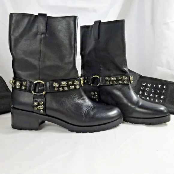 White House Black Market Women’s Leather Studded Motor Biker Boots Size 9