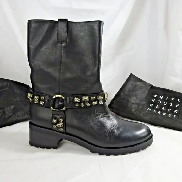 White House Black Market Women’s Leather Studded Motor Biker Boots Size 9