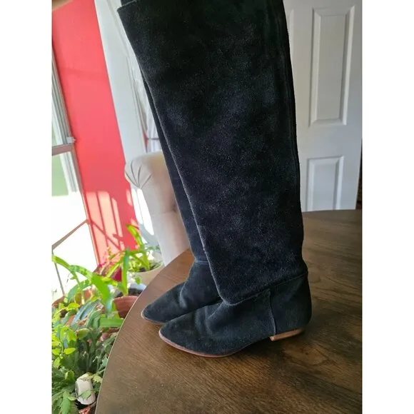 Women Black Suede Knee High Flat Boots over the knee made in Italy size 8