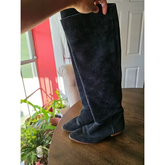 Women Black Suede Knee High Flat Boots over the knee made in Italy size 8
