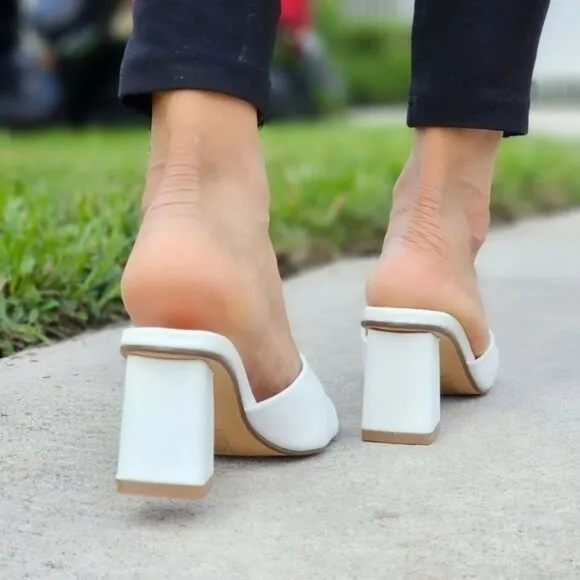 Women Square Toe Sandals Slip On White Color
