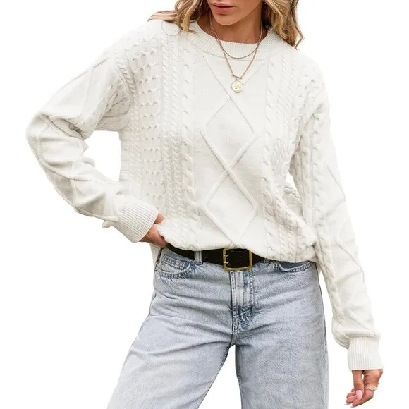 Women White Oversized Sweater Cable Knit Unisex Vintage Chunky Pullover Sweater