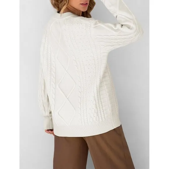 Women White Oversized Sweater Cable Knit Unisex Vintage Chunky Pullover Sweater