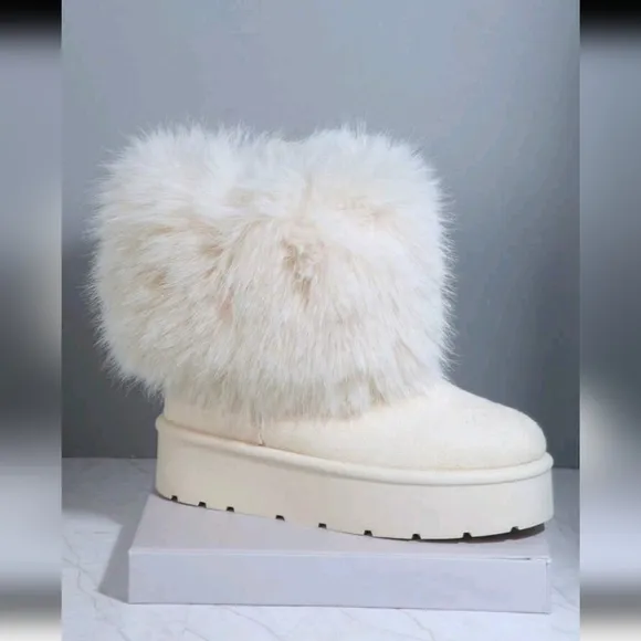 Women Winter Boots - Fashionable Mid-Calf Boots, Faux Fur Flat Snow Boots, Furry