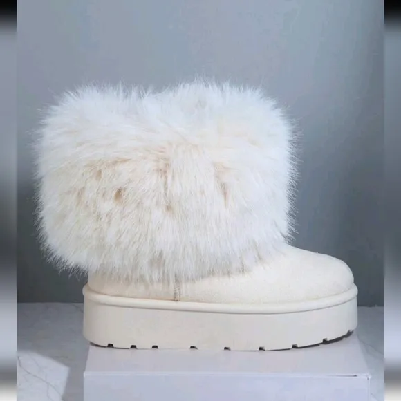 Women Winter Boots - Fashionable Mid-Calf Boots, Faux Fur Flat Snow Boots, Furry