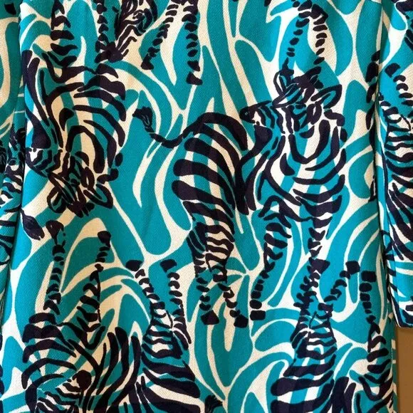 Women's 2 Lilly Pulitzer Devina Tunic Zebra Dress Teal White Funky Print