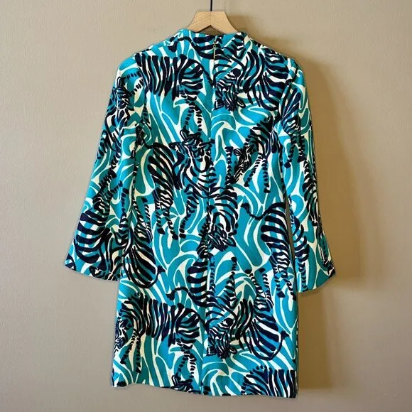 Women's 2 Lilly Pulitzer Devina Tunic Zebra Dress Teal White Funky Print