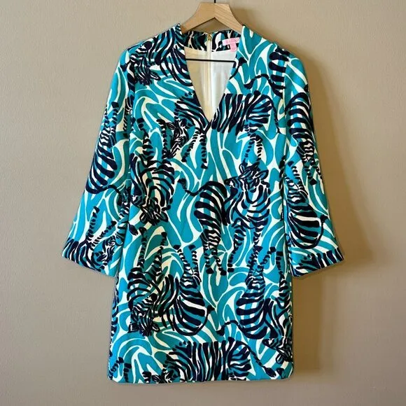 Women's 2 Lilly Pulitzer Devina Tunic Zebra Dress Teal White Funky Print