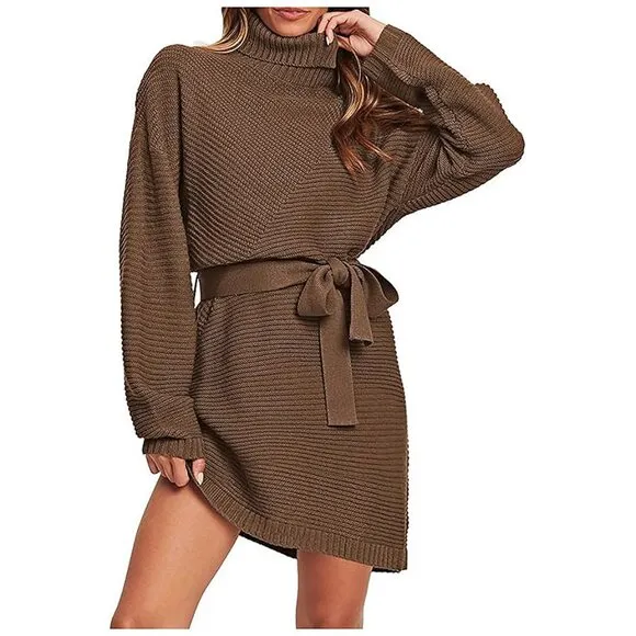 Women's 2024 Fall Sweater Dresses Turtleneck Batwing Coffee