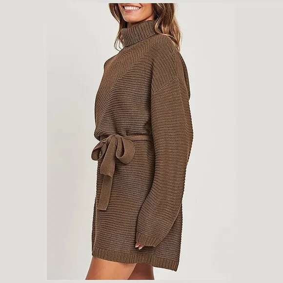 Women's 2024 Fall Sweater Dresses Turtleneck Batwing Coffee