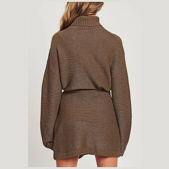 Women's 2024 Fall Sweater Dresses Turtleneck Batwing Coffee