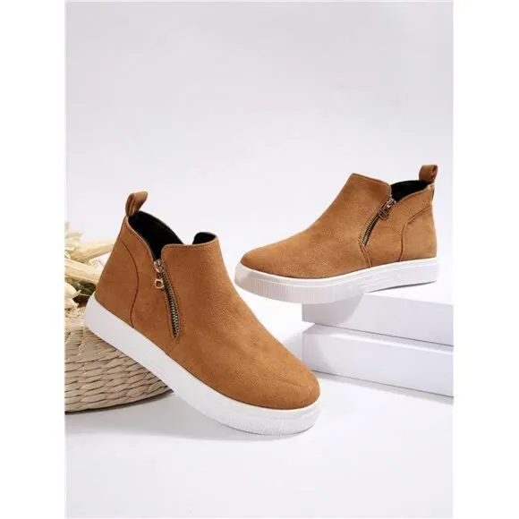 Women's Ankle Boots &amp; Short Boots, Brown Flat Slip-On Boots
