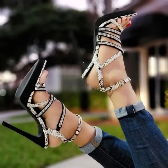 Women's‎ Black Animal Print Rhinestone Strappy High Heels