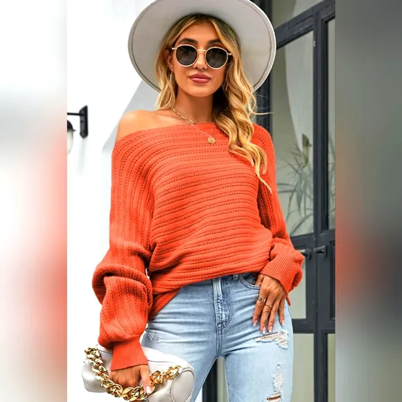Women's Boat Neck Brick Red Batwing Sleeve Casual Elegant Sweater