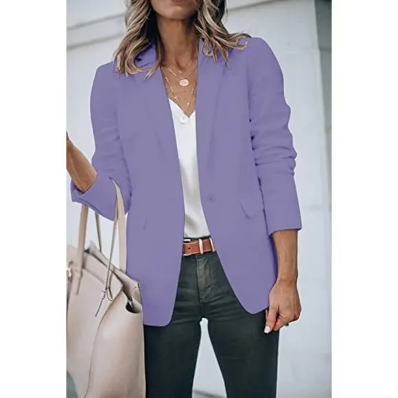 𝅺womens Casual Blazers Open Front Long Sleeve Work Office Z-Blue Purple