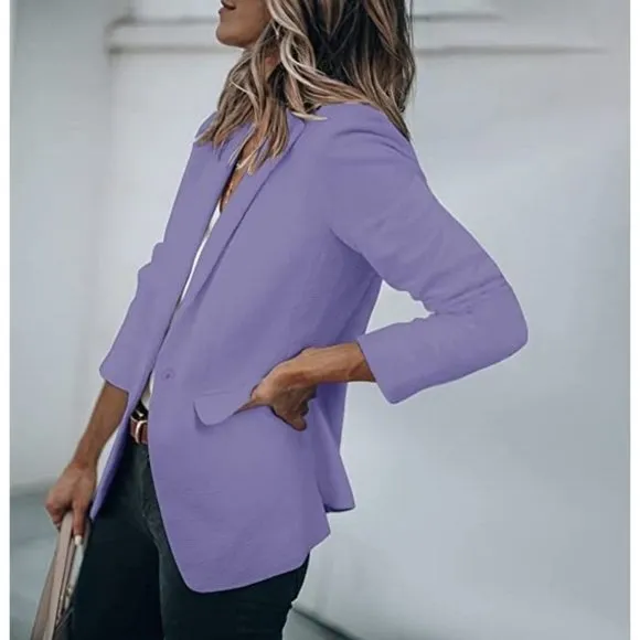 𝅺womens Casual Blazers Open Front Long Sleeve Work Office Z-Blue Purple
