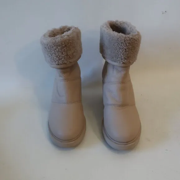 Womens Gianvito Rossi Mousse Neutral Shearling-Trim Leather Ankle Boots 38 US/8
