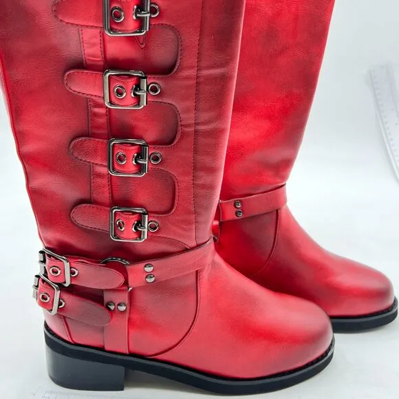 Women's Knee High Boots Low Flat Heel Winter Boot Adjustable Buckles Boots Red