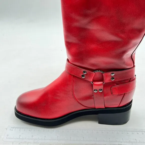 Women's Knee High Boots Low Flat Heel Winter Boot Adjustable Buckles Boots Red
