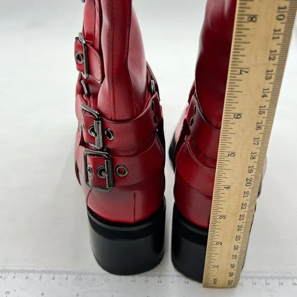 Women's Knee High Boots Low Flat Heel Winter Boot Adjustable Buckles Boots Red
