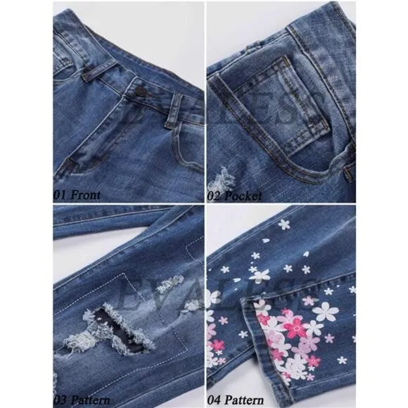 Women's Ripped Jeans Plaid Patch Boyfriend Skinny Distressed Denim Jean Pants