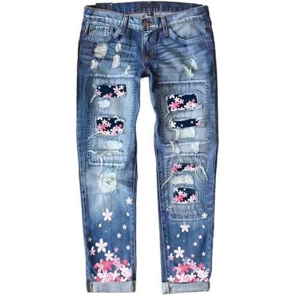 Women's Ripped Jeans Plaid Patch Boyfriend Skinny Distressed Denim Jean Pants