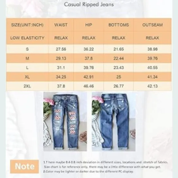 Women's Ripped Jeans Plaid Patch Boyfriend Skinny Distressed Denim Jean Pants