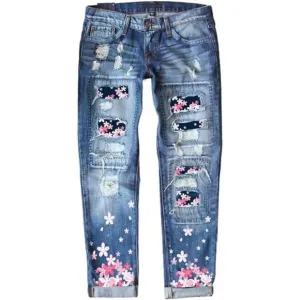 Women's Ripped Jeans Plaid Patch Boyfriend Skinny Distressed Denim Jean Pants