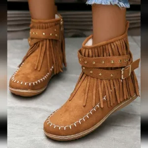 Women's Round Toe Fringe Studs Side Zipper Flat Fashion Boots