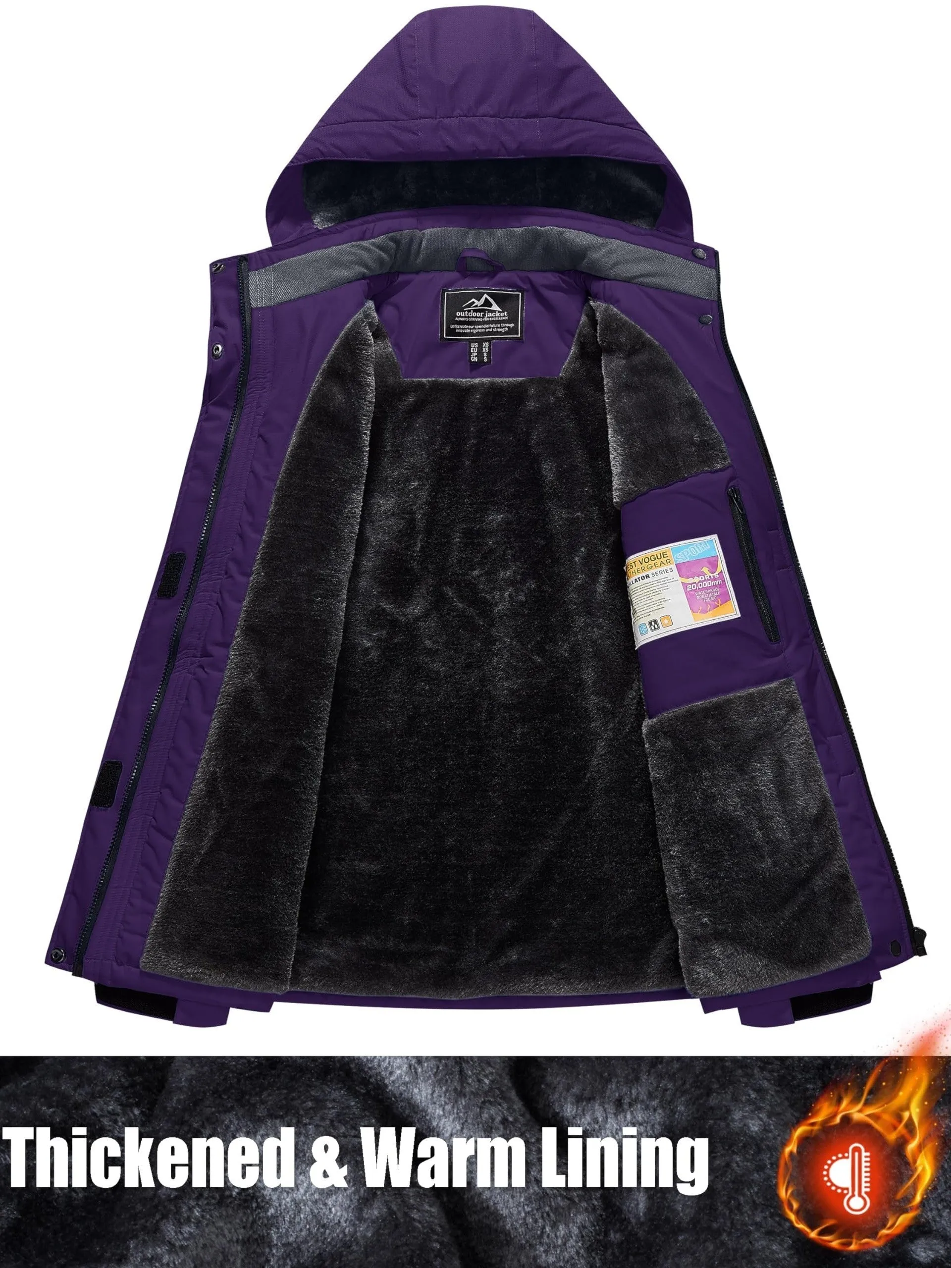 Womens Waterproof Thermal Fleece Winter Jacket for Outdoor Activities