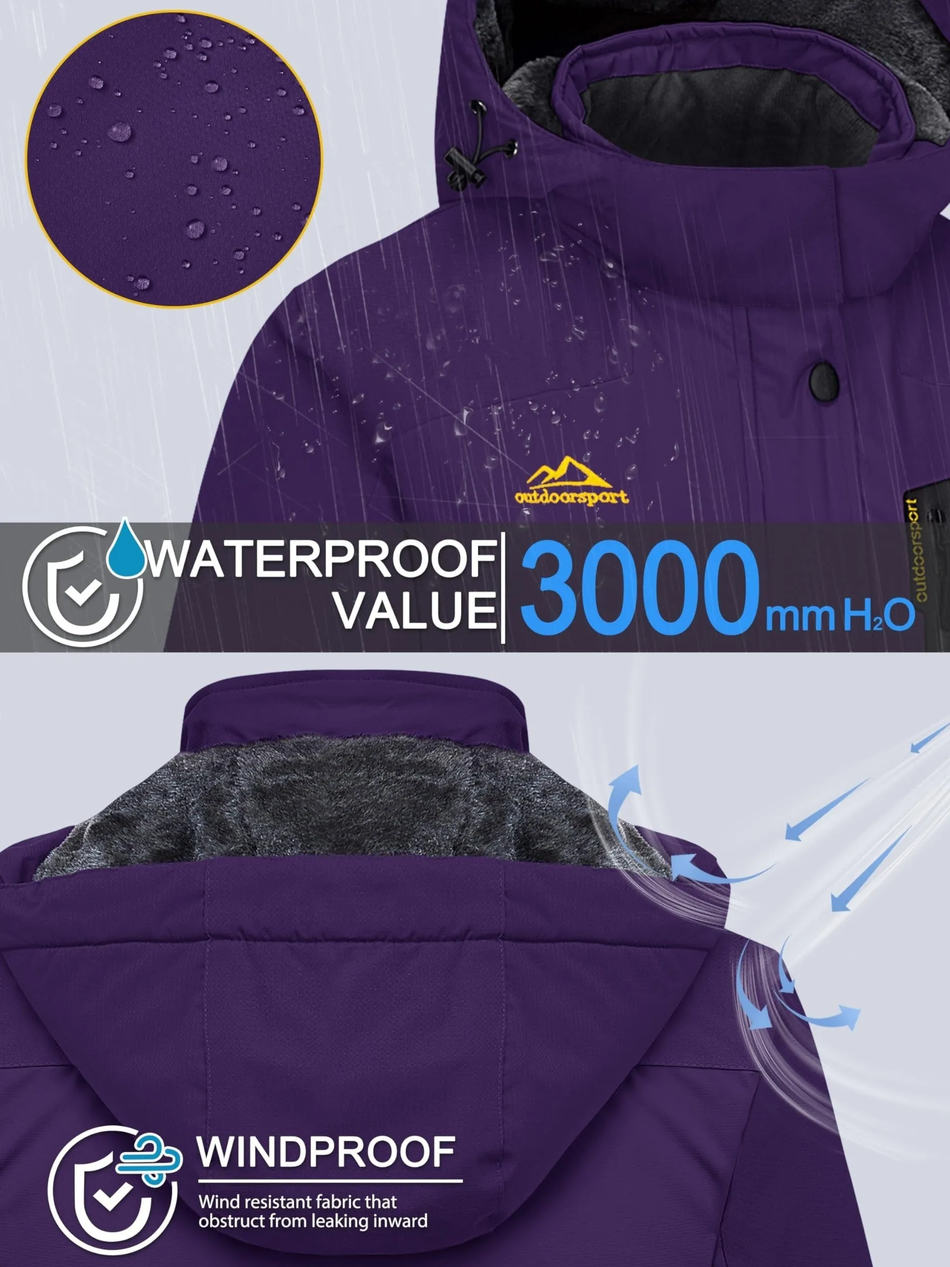Womens Waterproof Thermal Fleece Winter Jacket for Outdoor Activities