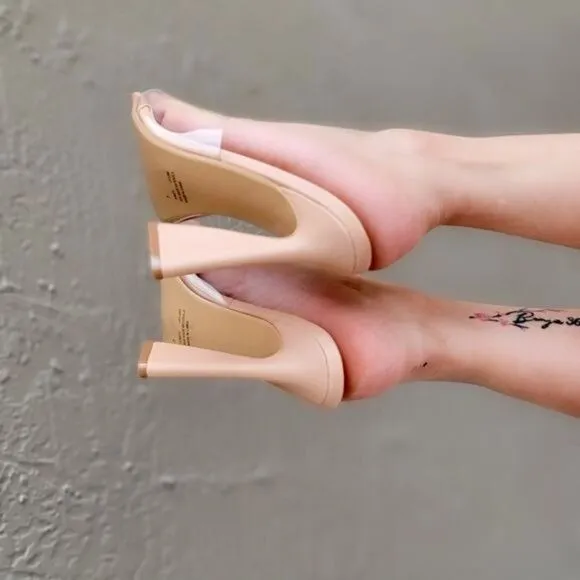 Women's Clear Open Pointed Toe Chunky High Mule Sandals Nude Color
