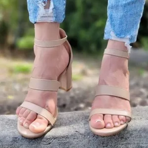 Womens Triple Straps Low Chunky Heels Sandals Nude Color