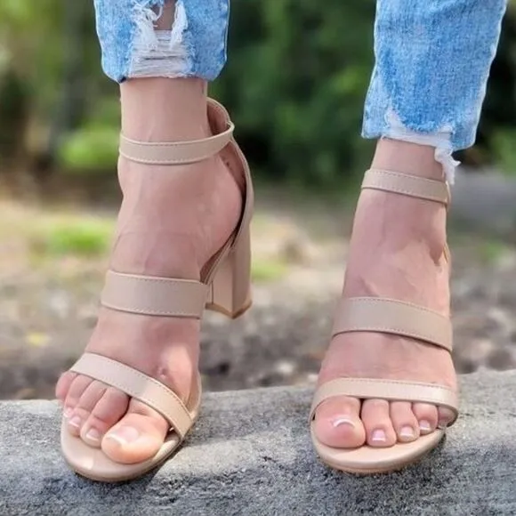 Womens Triple Straps Low Chunky Heels Sandals Nude Color