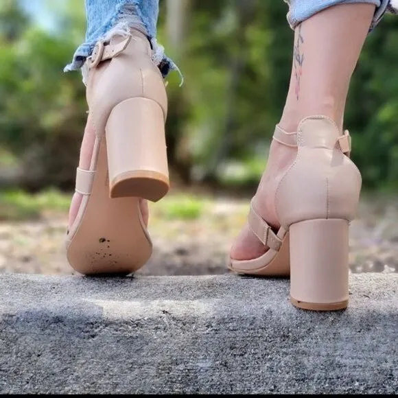 Womens Triple Straps Low Chunky Heels Sandals Nude Color