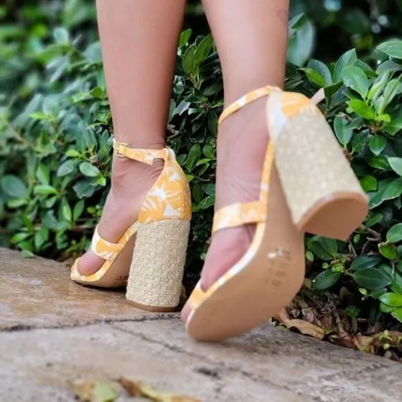 Women's Yellow Open Toe Ankle Strap Woven Block Heel