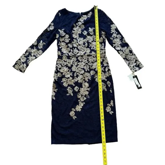 XSCAPE Blue Lace Dress Knee Length Long Sleeve Boat Neck Gold Floral 14 NWT