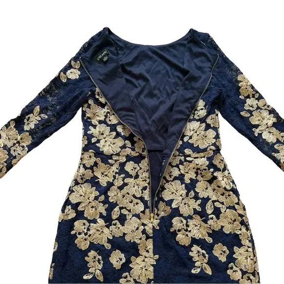 XSCAPE Blue Lace Dress Knee Length Long Sleeve Boat Neck Gold Floral 14 NWT
