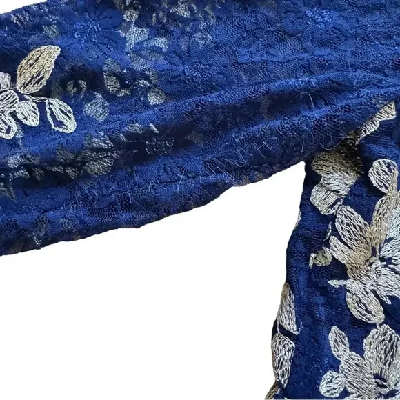 XSCAPE Blue Lace Dress Knee Length Long Sleeve Boat Neck Gold Floral 14 NWT