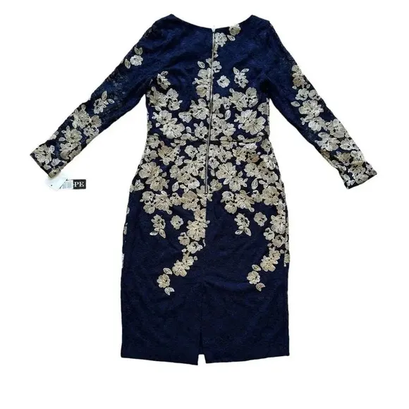 XSCAPE Blue Lace Dress Knee Length Long Sleeve Boat Neck Gold Floral 14 NWT