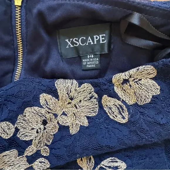 XSCAPE Blue Lace Dress Knee Length Long Sleeve Boat Neck Gold Floral 14 NWT