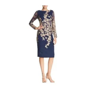 XSCAPE Blue Lace Dress Knee Length Long Sleeve Boat Neck Gold Floral 14 NWT