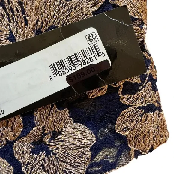 XSCAPE Blue Lace Dress Knee Length Long Sleeve Boat Neck Gold Floral 14 NWT