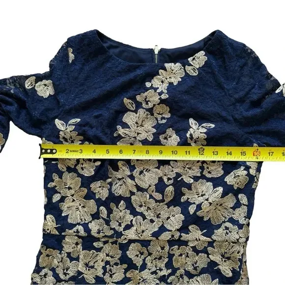 XSCAPE Blue Lace Dress Knee Length Long Sleeve Boat Neck Gold Floral 14 NWT