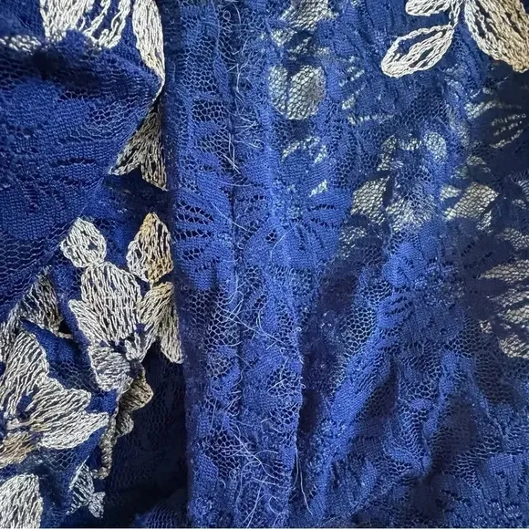 XSCAPE Blue Lace Dress Knee Length Long Sleeve Boat Neck Gold Floral 14 NWT