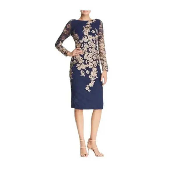 XSCAPE Blue Lace Dress Knee Length Long Sleeve Boat Neck Gold Floral 14 NWT