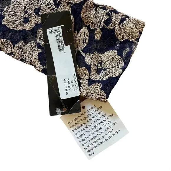 XSCAPE Blue Lace Dress Knee Length Long Sleeve Boat Neck Gold Floral 14 NWT