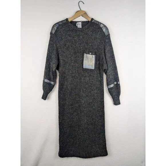Y2K Made In Italy Wool Mohair Leather Trimmed Dress Size Medium Glam Rock...