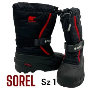 Youth Sorel Flurry Snow Winter Boot Sz US  1 EUR 32 BLACK RED $70 MSRP